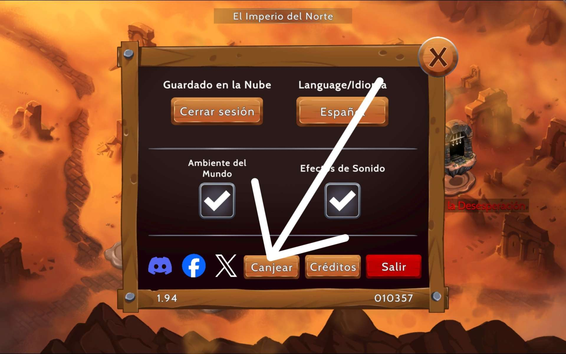 Menú de ajustes del juego
